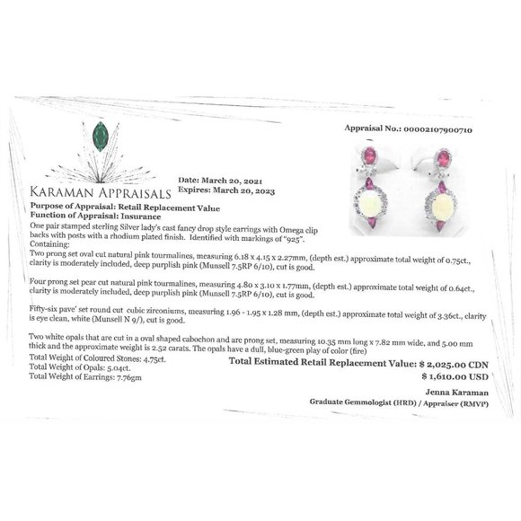 Sterling Silver Fancy Drop Style Earrings with Opal and Tourmaline - Picture 2 of 2